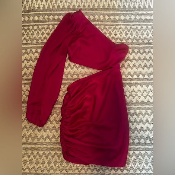 Showpo. Dresses & Skirts - Showpo Rayanna One Shoulder Satin Long Sleeve Cut Out Mini Dress in Fuschia